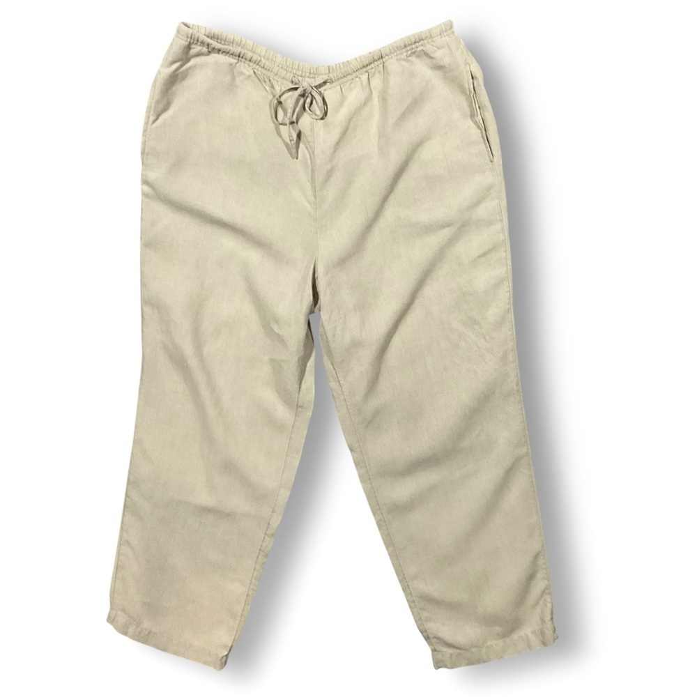 J Jill 100% Linen Drawstring Pants Sz L Wide Leg Neutral Coastal Resortwear Beig